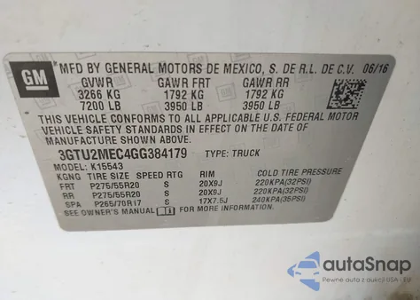 2016 GMC Sierra 1500 Sle из США, поврежденный, VIN 3GTU2MEC4GG384179